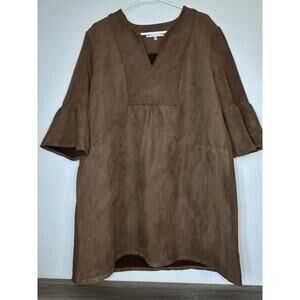 Jude Connally Kerry Saddle Brown Faux Suede Shift Dress Bell Sleeve Medium